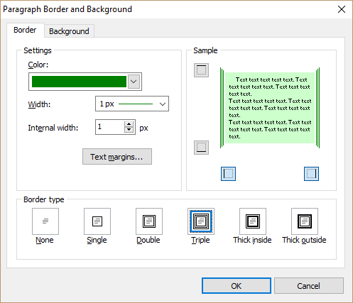 Paragraph border and background dialog