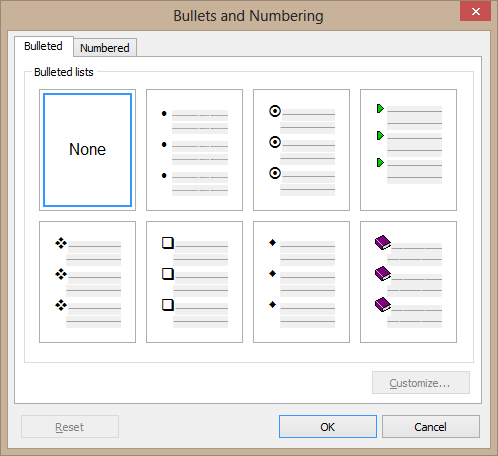RichViewActions' dialog for applying and customizing bullets and numbering