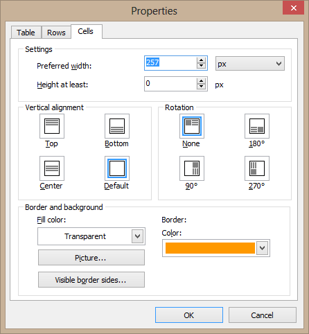 The table properties dialog in RichViewActions